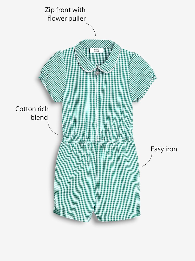 Green Zip Front Cotton Rich Gingham School Playsuit (3-14yrs) - Image 3 of 9