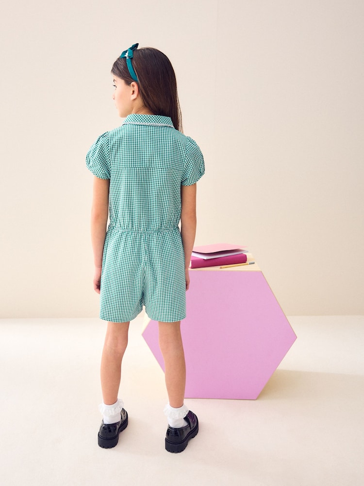 Green Zip Front Cotton Rich Gingham School Playsuit (3-14yrs) - Image 4 of 9