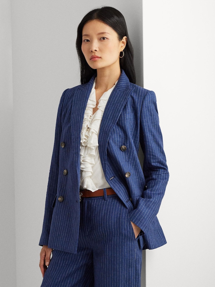 Lauren Ralph Lauren Blue Ryen Pinstripe Double Breasted Linen Blazer - Image 1 of 9