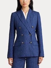 Lauren Ralph Lauren Blue Ryen Pinstripe Double Breasted Linen Blazer - Image 5 of 9