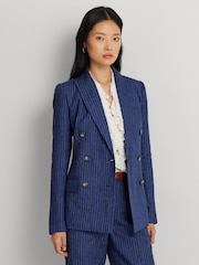 Lauren Ralph Lauren Blue Ryen Pinstripe Double Breasted Linen Blazer - Image 7 of 9