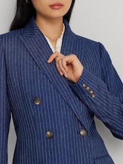 Lauren Ralph Lauren Blue Ryen Pinstripe Double Breasted Linen Blazer - Image 8 of 9