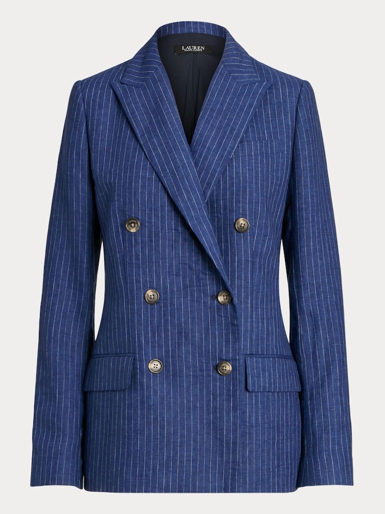Lauren Ralph Lauren Blue Ryen Pinstripe Double Breasted Linen Blazer - Image 9 of 9