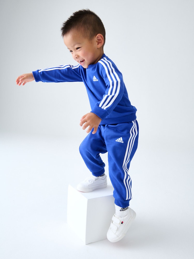 adidas Blue/White Kids Essentials 3 Stripes Jogger Set - Image 1 of 11 adidas Blue/White Kids Essentials 3 Stripes Jogger Set - Image 1 of 11
