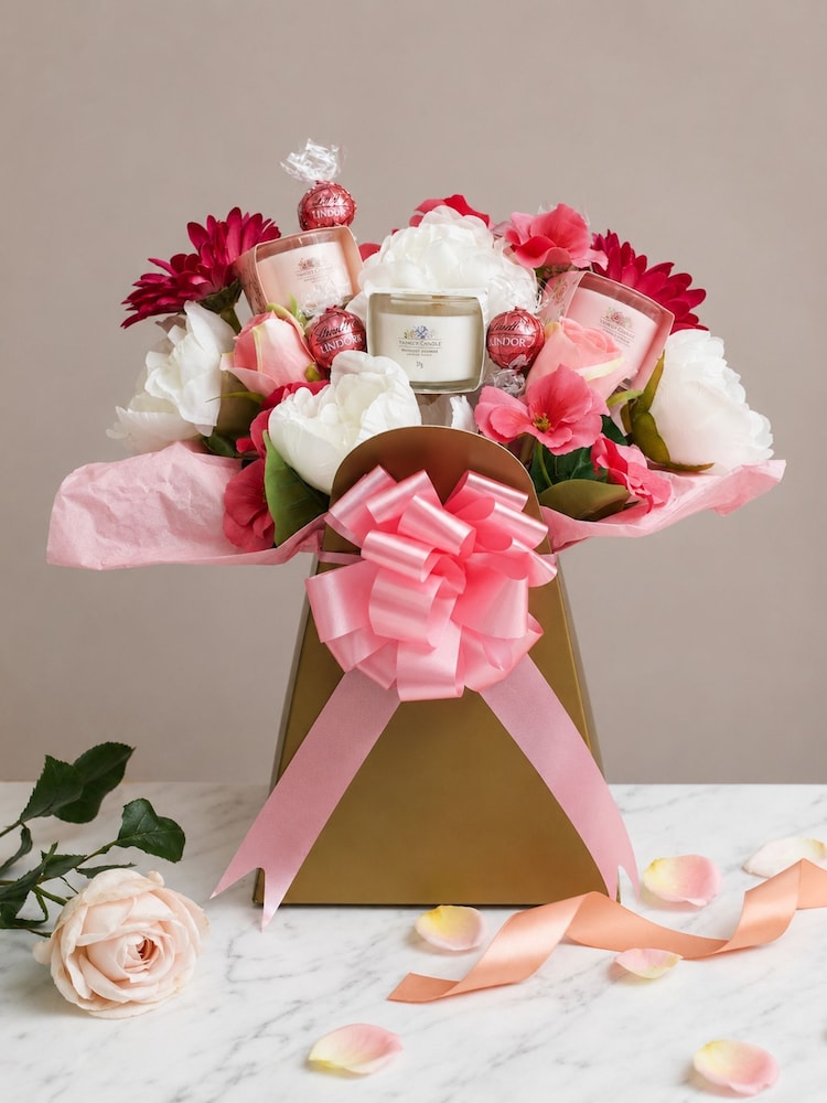 Funky Hampers Pretty in Pink Chocolate and Yankee Candle Bouquet - Image 1 of 2 Funky Hampers Pretty in Pink Chocolate and Yankee Candle Bouquet - Image 1 of 2