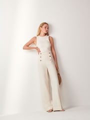 Creme - Premium Hose mit weitem Bein und Knopfdetail - Bild 2 von 6