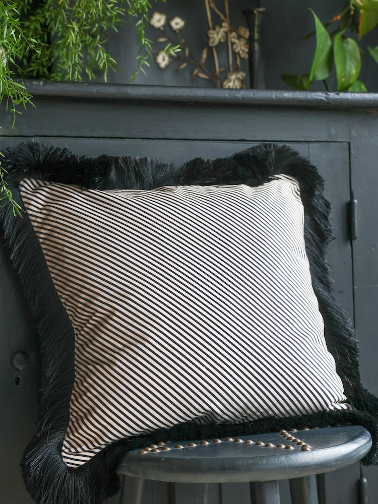 Rockett St George Sand Stripe Velvet Fringe Feather Filled Cushion - Image 1 of 5