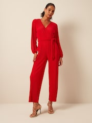 Red Long Sleeve Plissé Jumpsuit - Image 1 of 6
