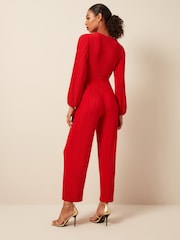 Red Long Sleeve Plissé Jumpsuit - Image 2 of 6