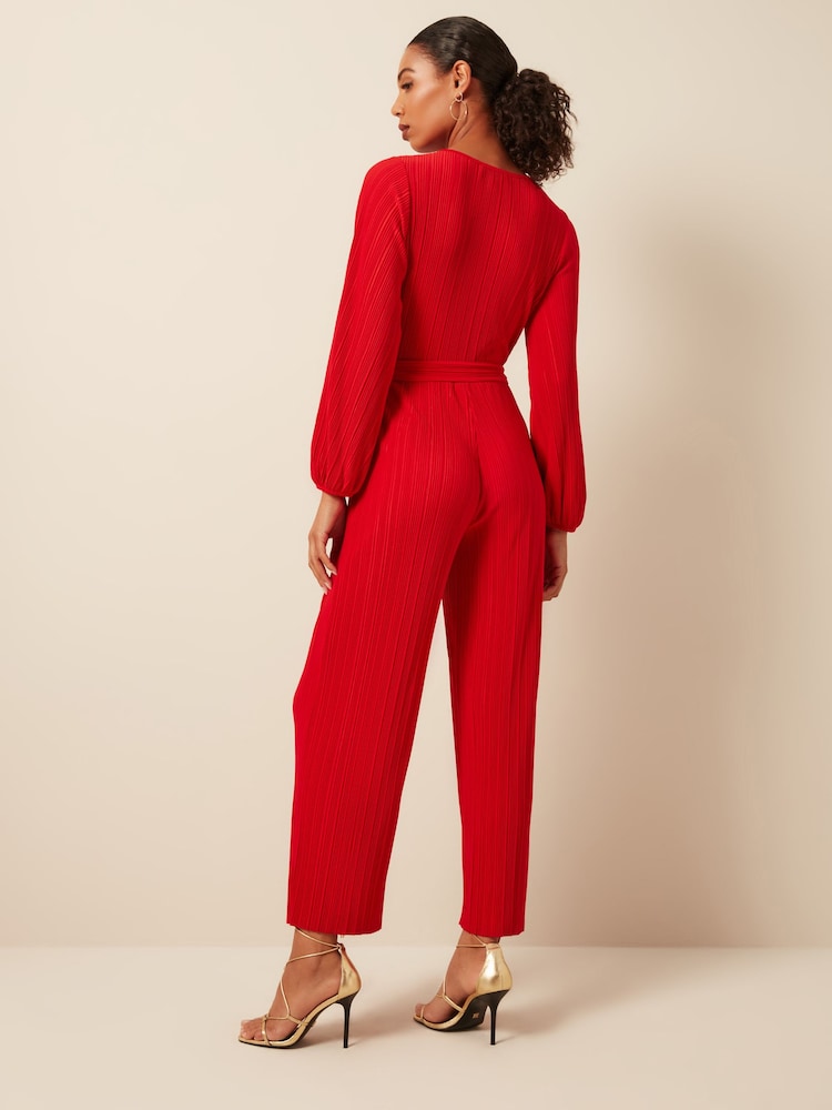 Red Long Sleeve Plissé Jumpsuit - Image 2 of 6