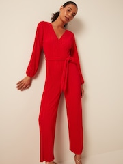 Red Long Sleeve Plissé Jumpsuit - Image 3 of 6