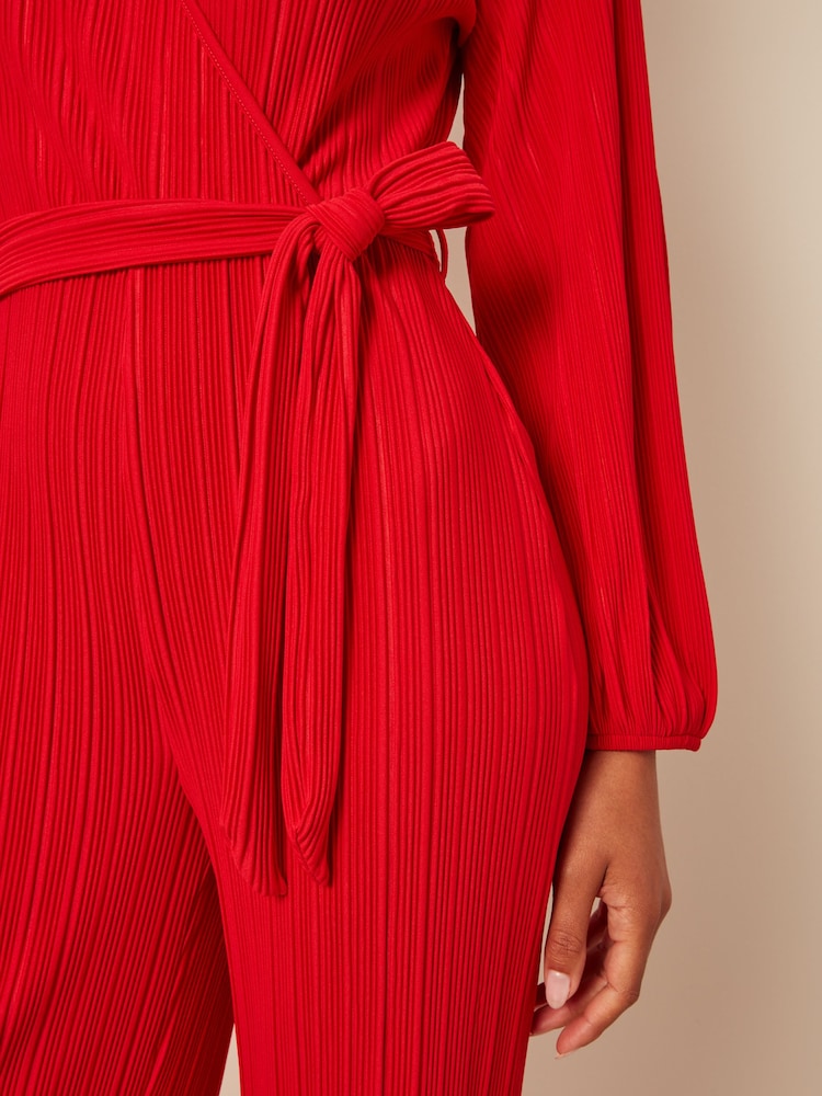 Red Long Sleeve Plissé Jumpsuit - Image 4 of 6