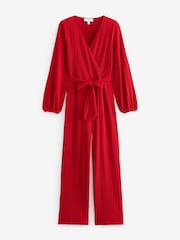 Red Long Sleeve Plissé Jumpsuit - Image 5 of 6
