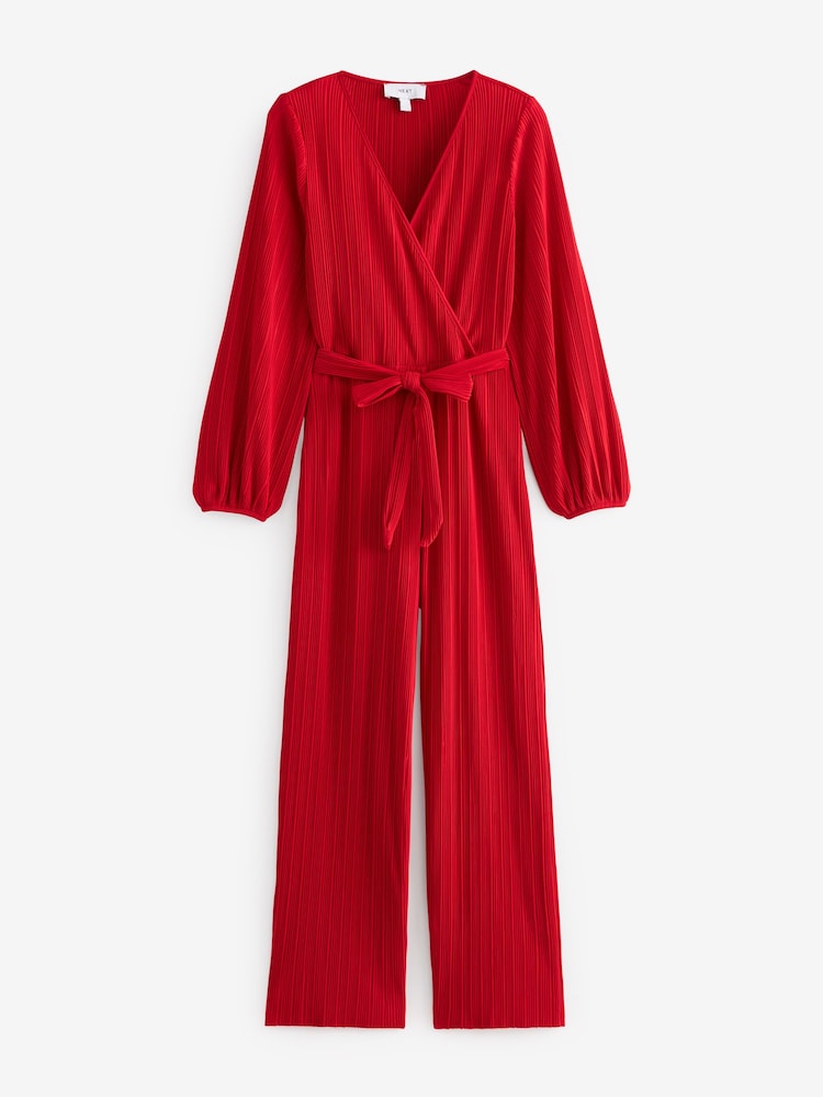 Red Long Sleeve Plissé Jumpsuit - Image 5 of 6