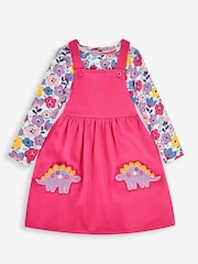 JoJo Maman Bébé Raspberry Pink Dino Girls' 2-Piece Appliqué Pinafore Dress & Top Set - Image 1 of 6
