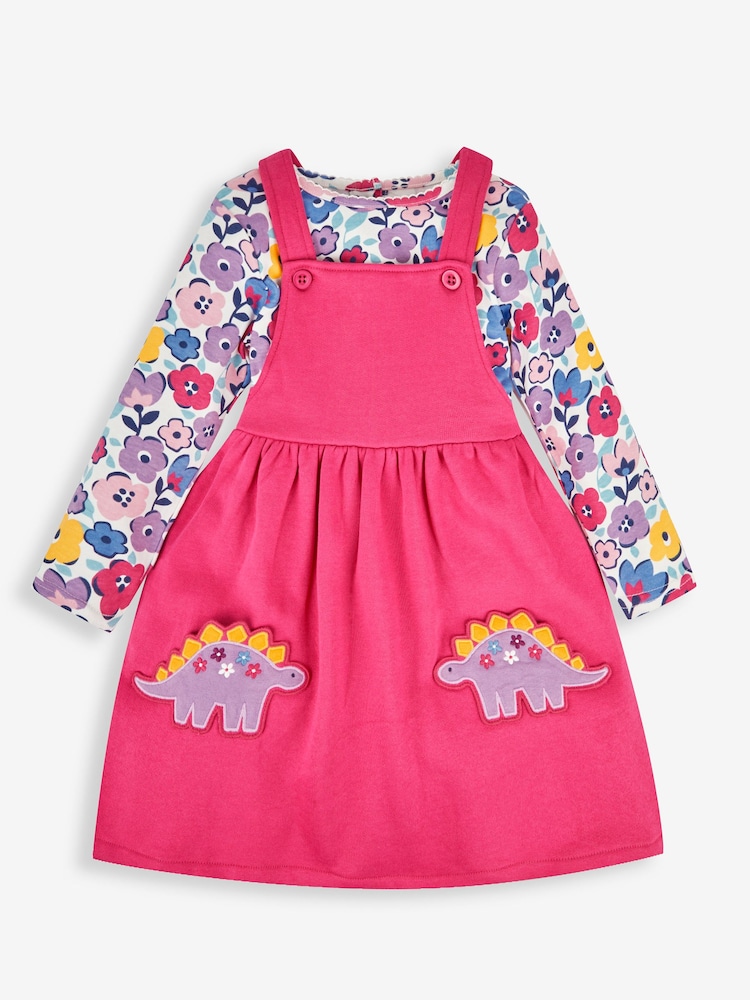 JoJo Maman Bébé Raspberry Pink Dino Girls' 2-Piece Appliqué Pinafore Dress & Top Set - Image 1 of 6