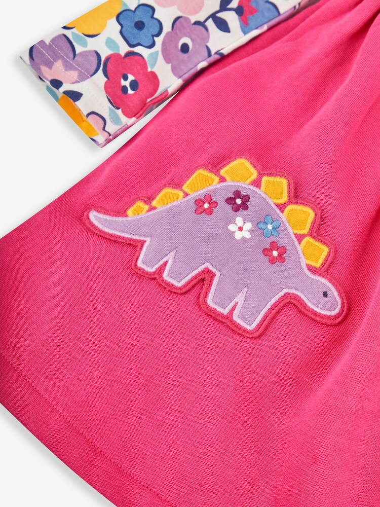 JoJo Maman Bébé Raspberry Pink Dino Girls' 2-Piece Appliqué Pinafore Dress & Top Set - Image 6 of 6