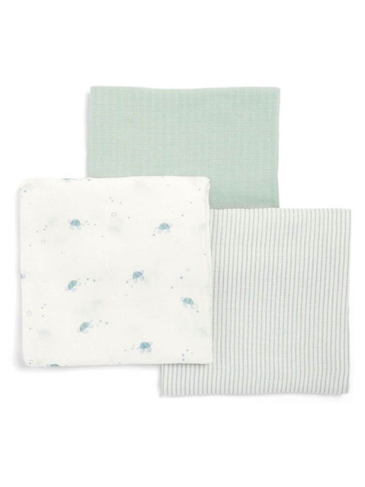 Mamas & Papas 3 Pack Teal Blue Turtle 100% Cotton Muslin Squares - Image 3 of 3