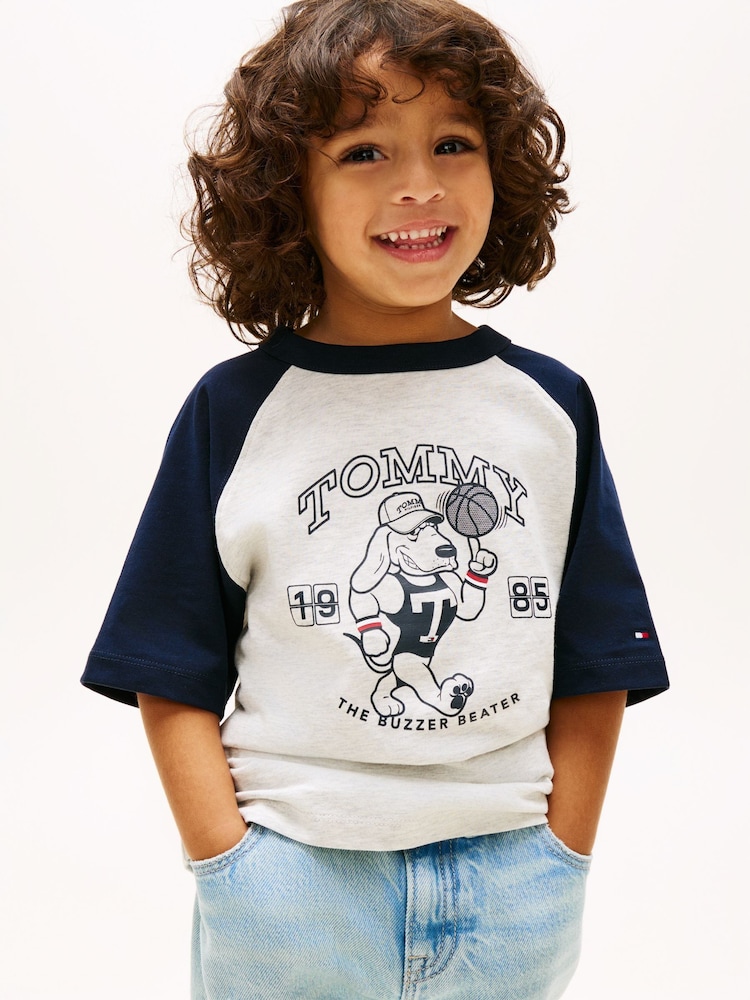 Tommy Hilfiger Grey Graphic Raglan Crew Neck T-Shirt - Image 1 of 5 Tommy Hilfiger Grey Graphic Raglan Crew Neck T-Shirt - Image 1 of 5
