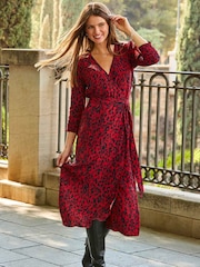 Sosandar Red Wrap Front Midi Wrap Dress - Image 4 of 5