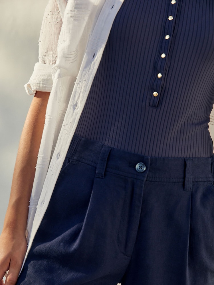Navy Blue Linen Blend Knee Length Shorts - Image 3 of 3