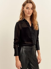 Black Satin Trim Long Sleeve Sheer Shirt - Image 1 of 6