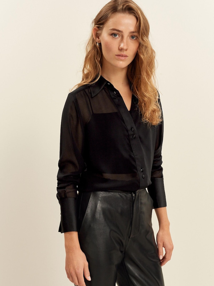 Black Satin Trim Long Sleeve Sheer Shirt - Image 1 of 6