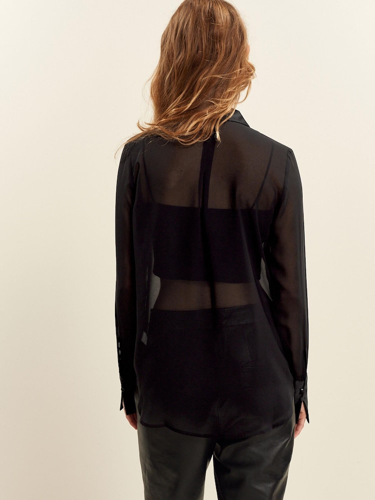 Black Satin Trim Long Sleeve Sheer Shirt - Image 3 of 6