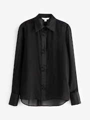Black Satin Trim Long Sleeve Sheer Shirt - Image 5 of 6