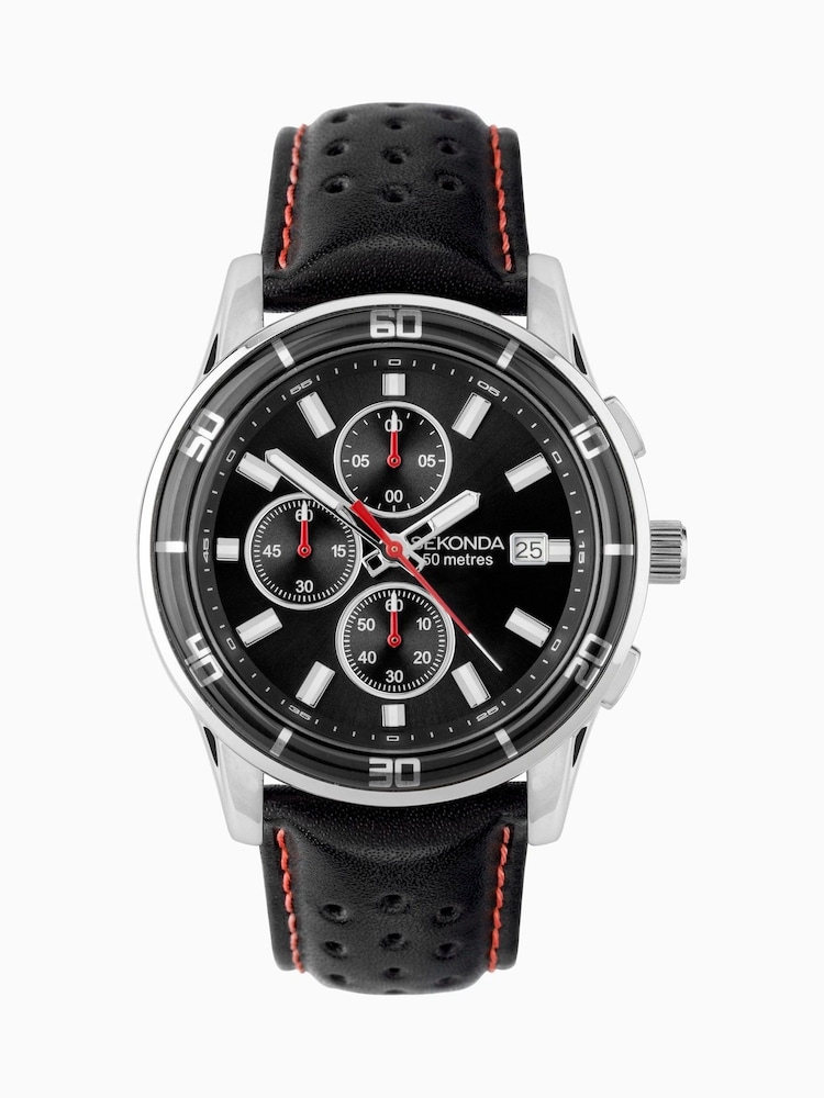 Sekonda Mens Midnight 44mm Analogue Black Watch With Silver Case And Leather Upper Strap With Dial - Image 2 of 6