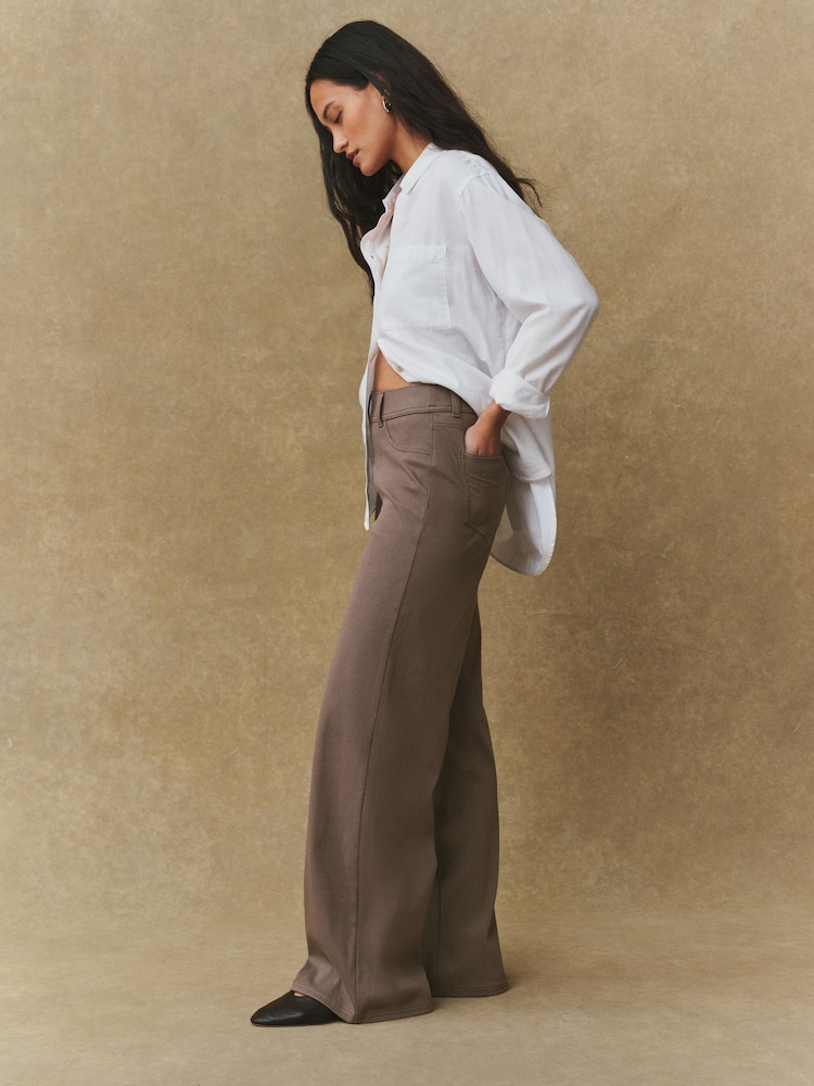 Brown Jersey Denim Wide Leg Trousers - Image 1 of 8 Brown Jersey Denim Wide Leg Trousers - Image 1 of 8