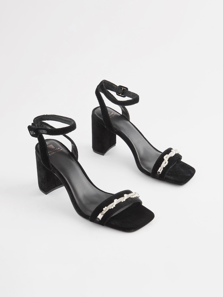 Black Forever Comfort® Pearl Trim Block Heel Sandals - Image 1 of 5