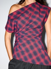 BHOEM Red Draped Asymmetrical Plaid Wrap Top - Image 2 of 5
