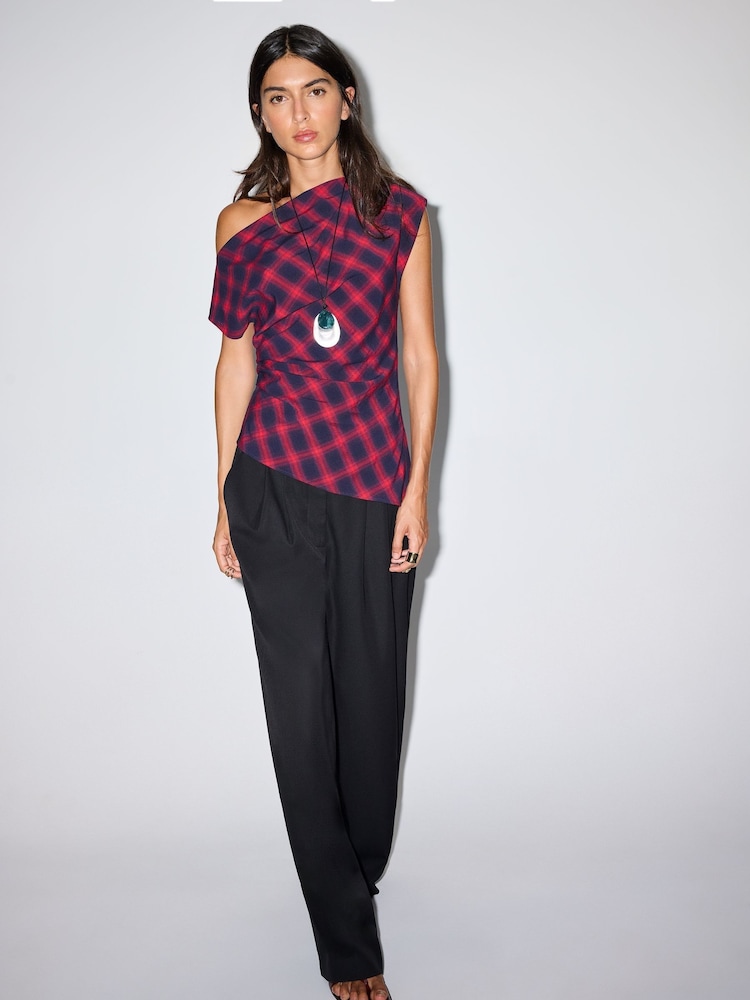 BHOEM Red Draped Asymmetrical Plaid Wrap Top - Image 5 of 5