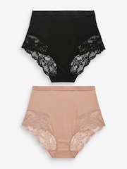 Black / Praline Nude Print Tummy Control Shaping Lace Back Brazilian Knickers 2 Pack - Image 1 of 11