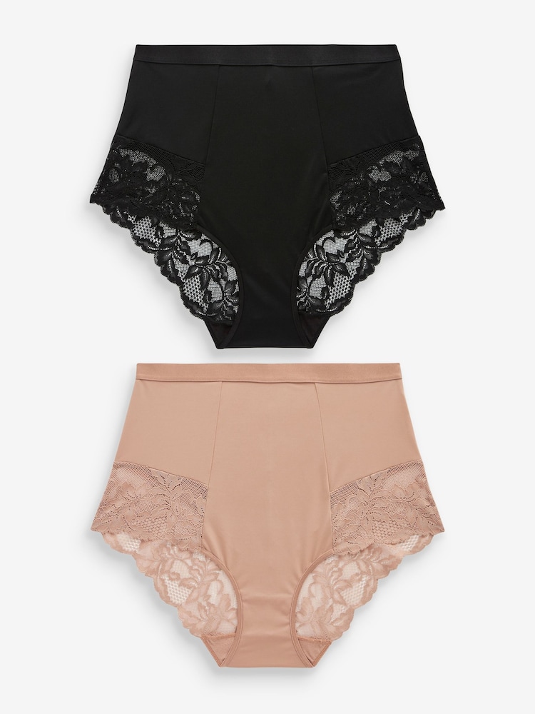 Black / Praline Nude Print Tummy Control Shaping Lace Back Brazilian Knickers 2 Pack - Image 1 of 11
