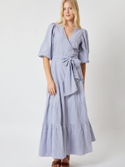 By Iris Blue Leona Stripe 100% Cotton Wrap Dress - Image 1 of 5