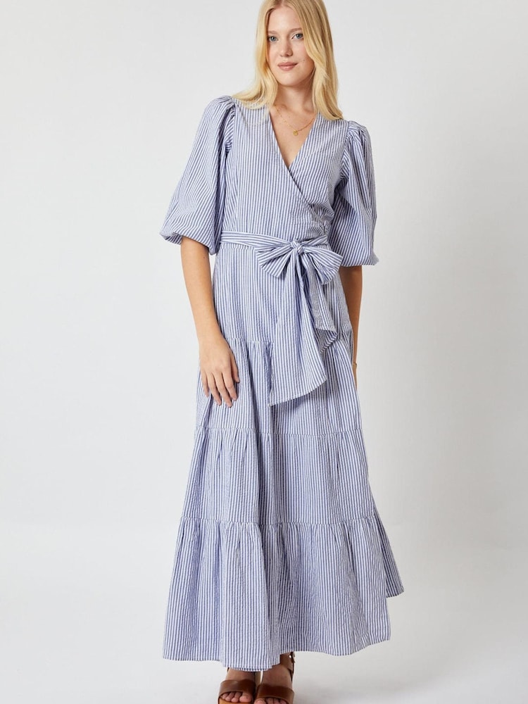 By Iris Blue Leona Stripe 100% Cotton Wrap Dress - Image 1 of 5