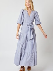 By Iris Blue Leona Stripe 100% Cotton Wrap Dress - Image 3 of 5