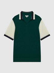 Reiss Bright Green/Ecru Kingsford Open Collar Striped Polo Shirt - Image 2 of 5