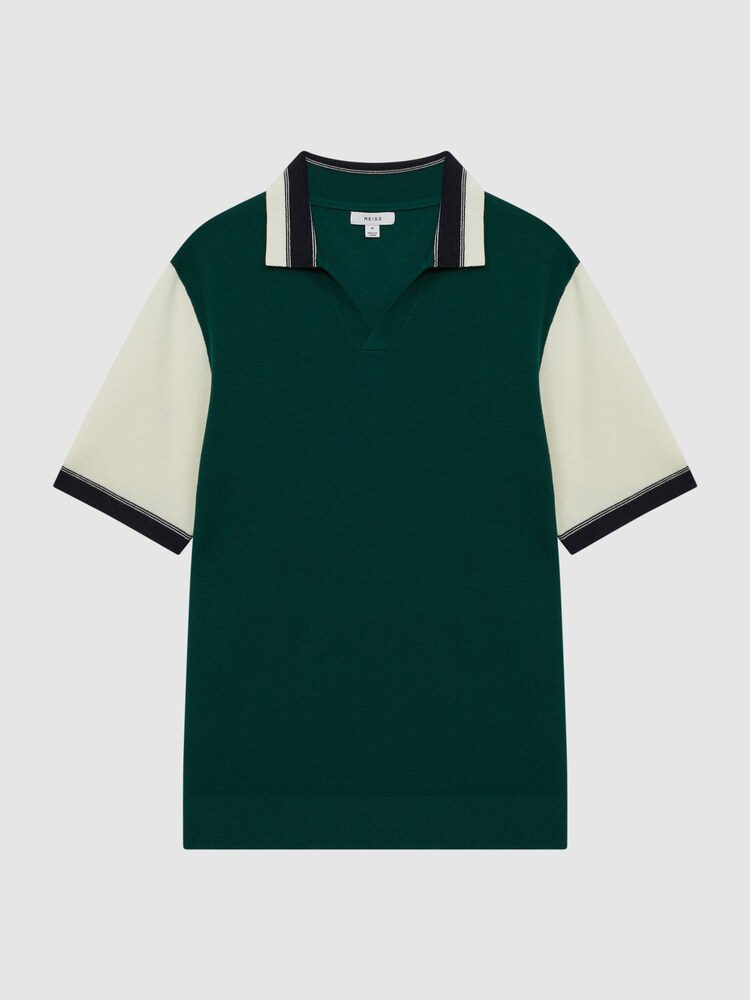 Reiss Bright Green/Ecru Kingsford Open Collar Striped Polo Shirt - Image 2 of 5