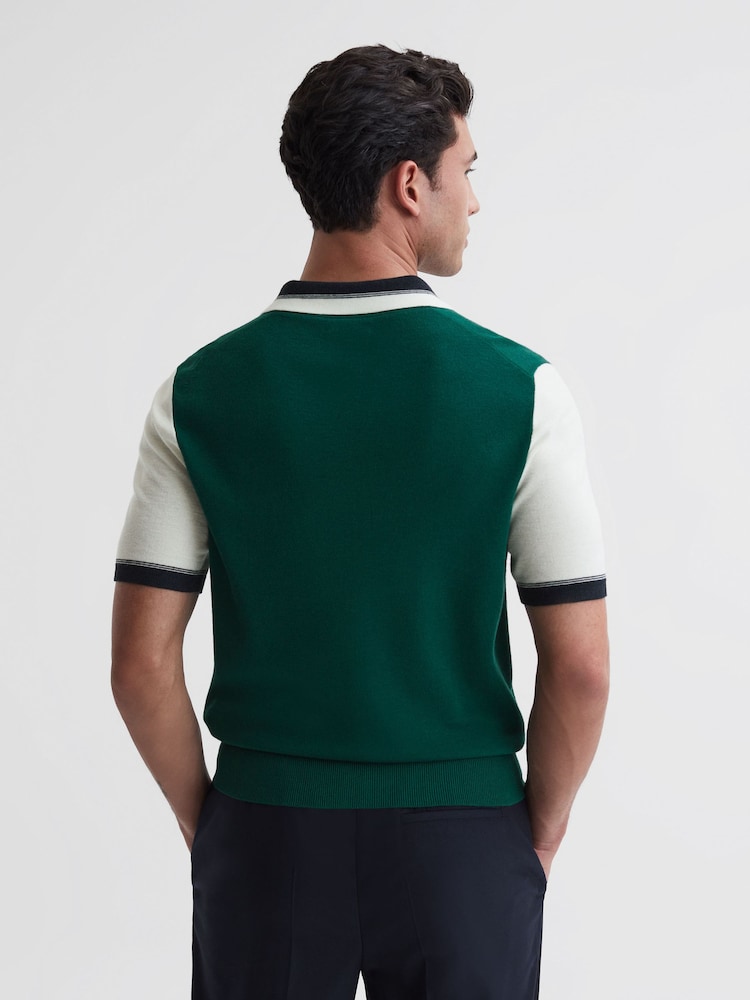 Reiss Bright Green/Ecru Kingsford Open Collar Striped Polo Shirt - Image 5 of 5