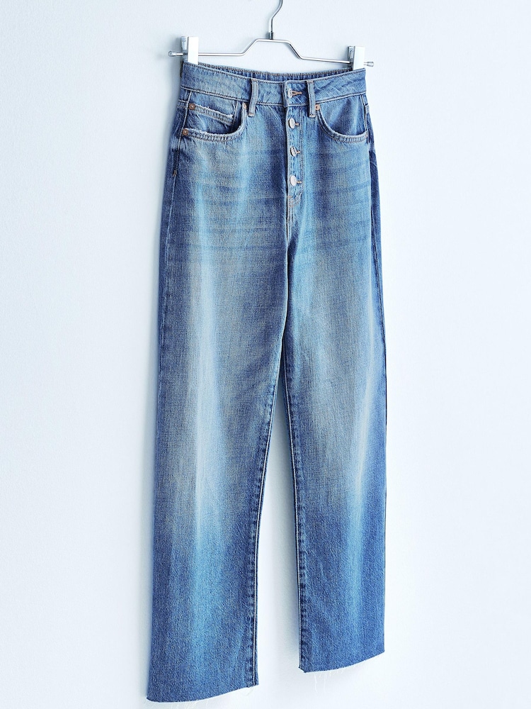 Mid Blue Button Front Wide Ankle Leg Jeans - Image 1 of 1 Mid Blue Button Front Wide Ankle Leg Jeans - Image 1 of 1