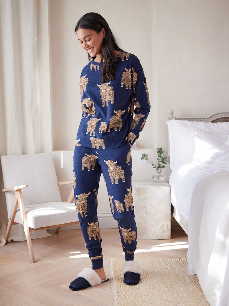 Navy Blue Hamish Cotton Long Sleeve Pyjamas - Image 1 of 7