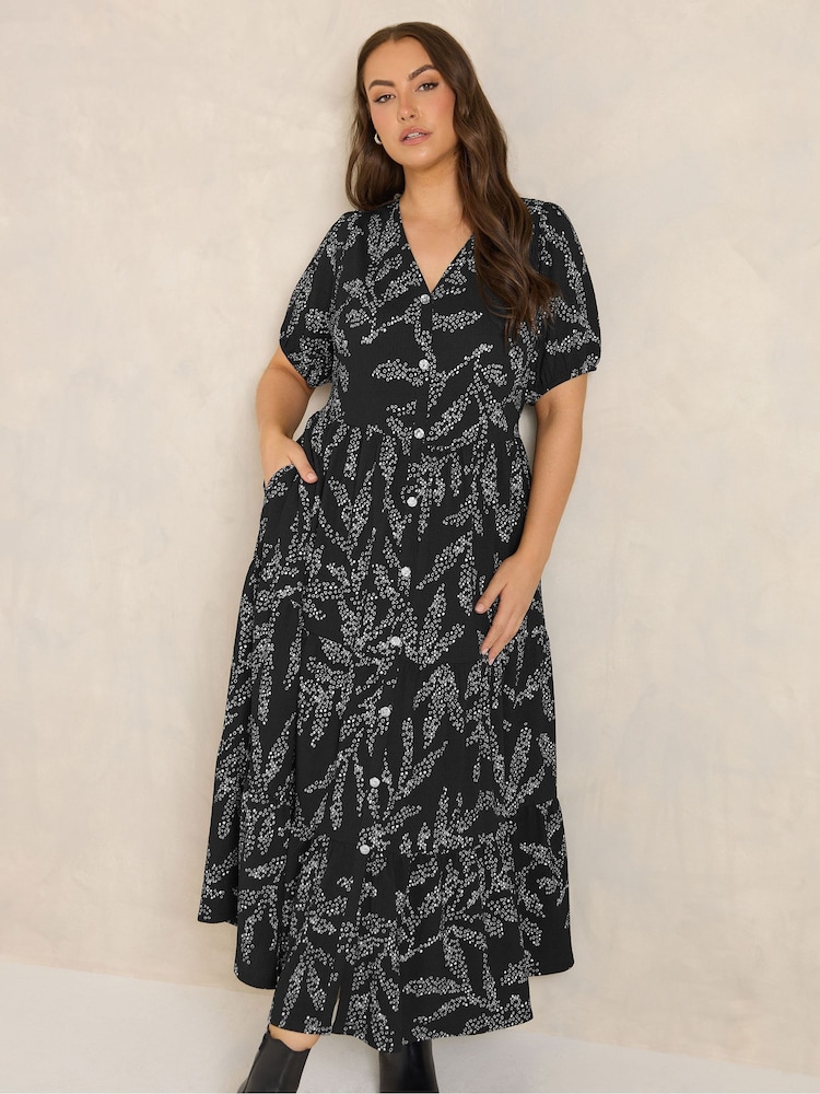 Evans Black Textured V-Neck Button Leaf Print Dress - Image 1 of 6 Evans Black Textured V-Neck Button Leaf Print Dress - Image 1 of 6