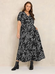 Evans Black Textured V-Neck Button Leaf Print Dress - Image 2 of 6