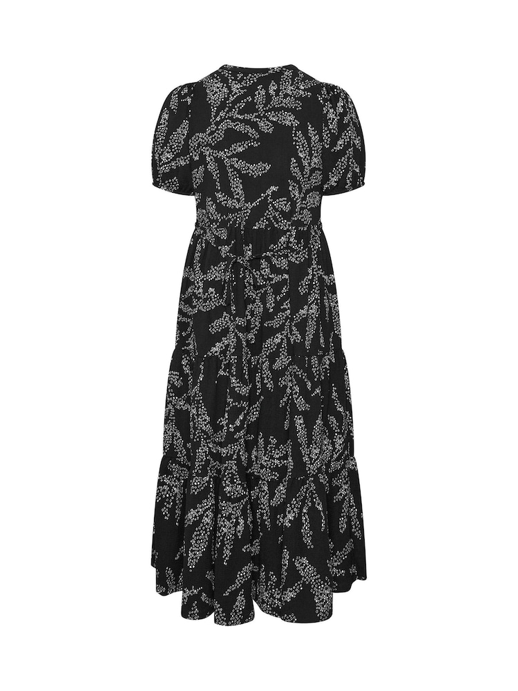 Evans Black Textured V-Neck Button Leaf Print Dress - Image 6 of 6 Evans Black Textured V-Neck Button Leaf Print Dress - Image 6 of 6
