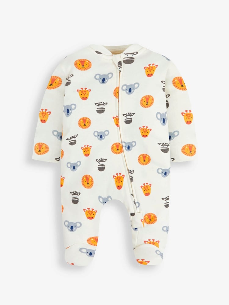 JoJo Maman Bébé Cream Safari Friends Print Zip Cotton Baby Sleepsuit - Image 1 of 4