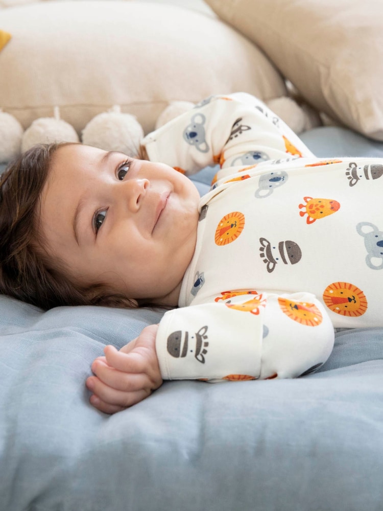 JoJo Maman Bébé Cream Safari Friends Print Zip Cotton Baby Sleepsuit - Image 4 of 4