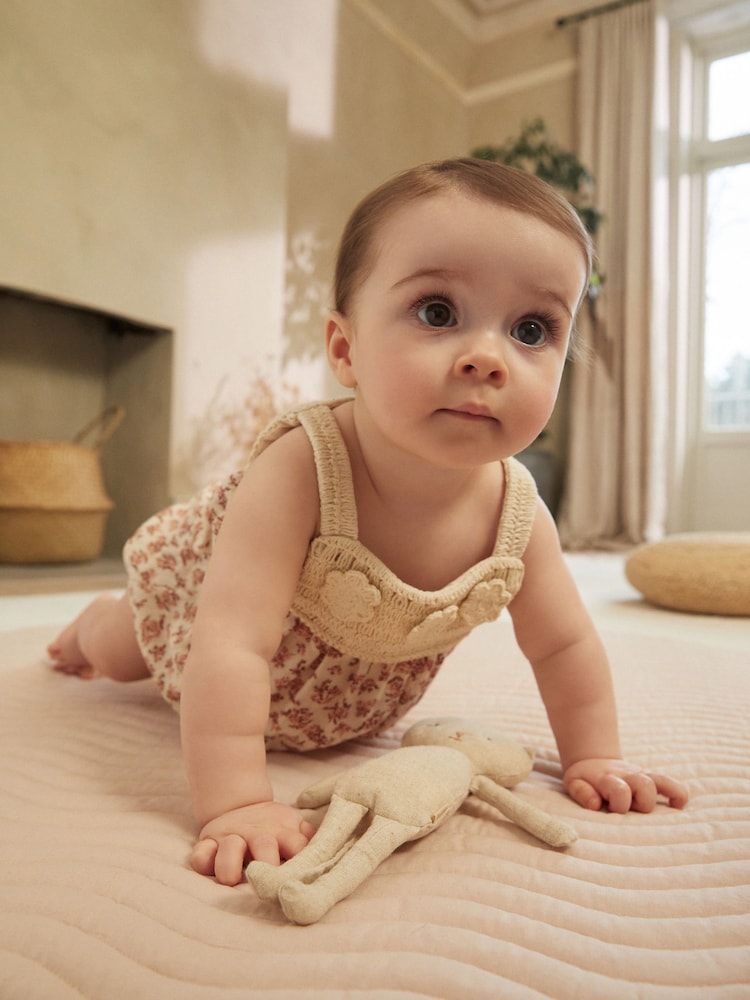 Rust Brown/ Cream Floral Baby Crochet Bloomer 100% Cotton Romper (0-18mths) - Image 1 of 8